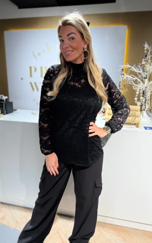 Turtle Neck Lace Top Black