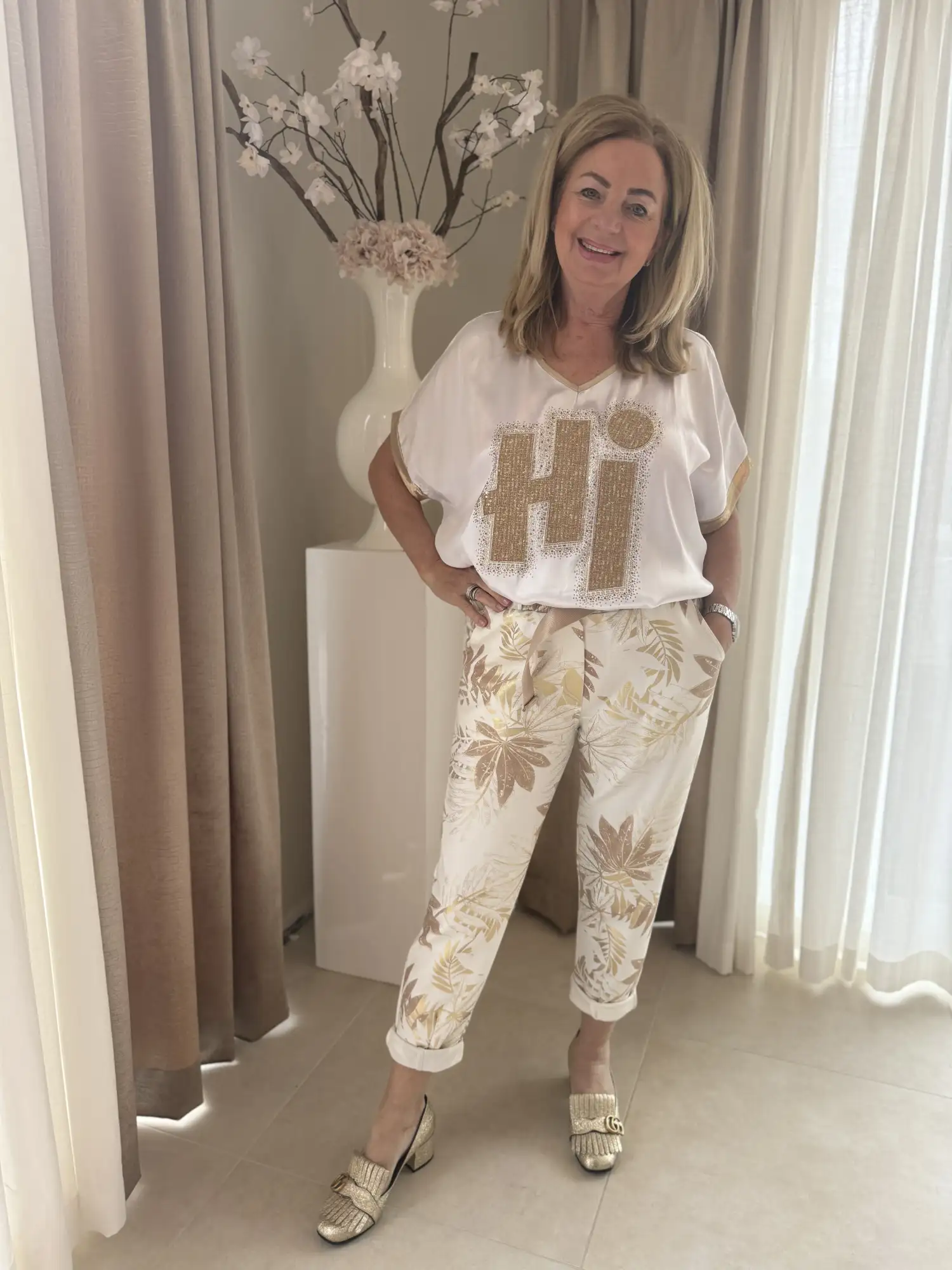Lima Pants Leaves White Gold Beige - Afbeelding 2