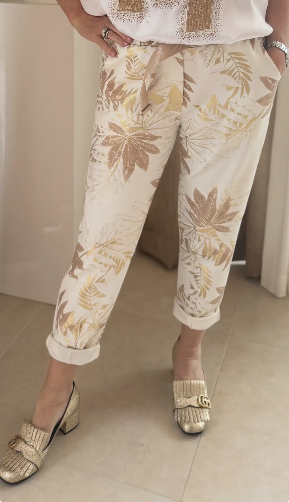Lima Pants Leaves White Gold Beige